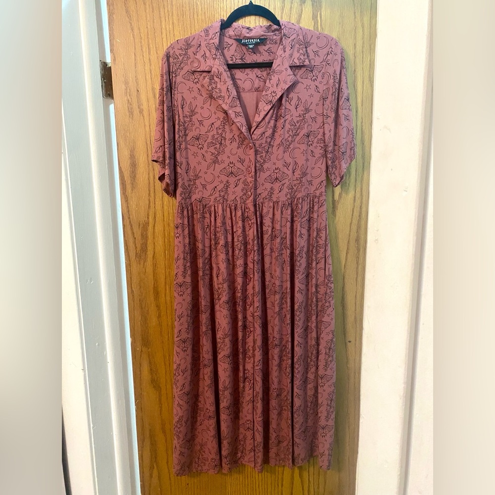 Disturbia Roxana Moth Foxglove Button Down Midi Shirt Dress - Picture 2 of 6
